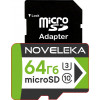 Карта памяти MicroSD 64 Гб U3, class 10 + SD адаптер NOVELEKA, высокая скорость записи до 60 Мб/с